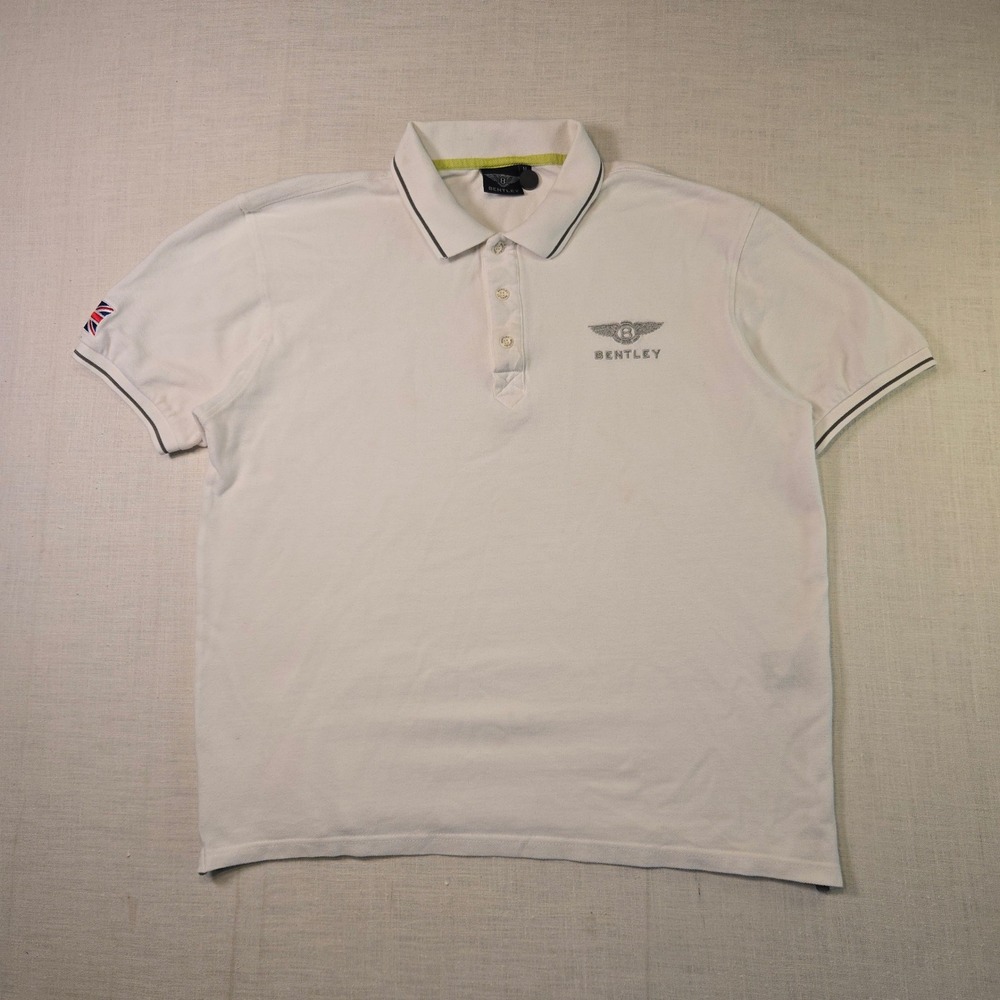 Bentley Motors Polo Shirt Medium Mens White Embroidered Logo Union Jack Patch UK